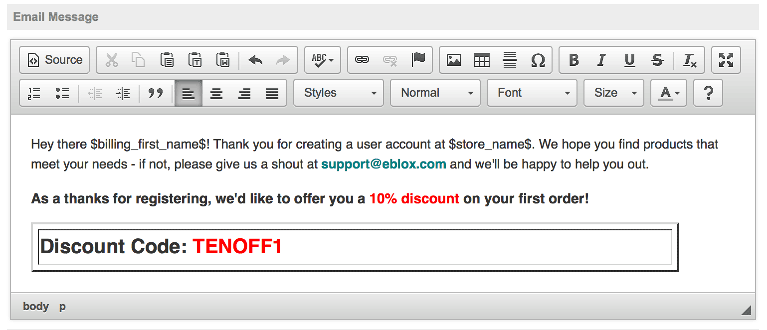 storeBlox CS company store email template - discount code