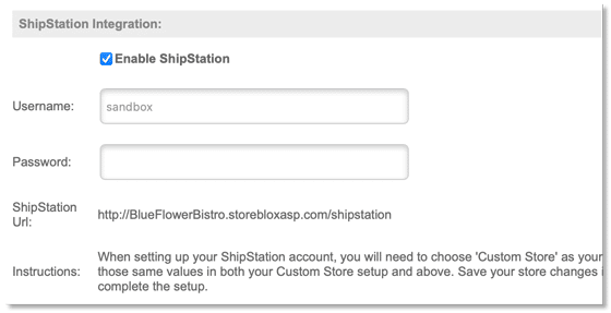 ShipStation admin screen in storeBlox CS