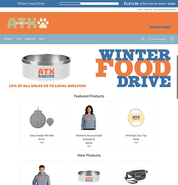ATX Rescue demo fundraising store home page