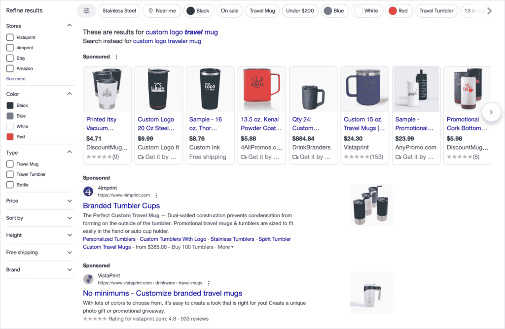 Screen shot of Google search results for "custom logo travel mug" 