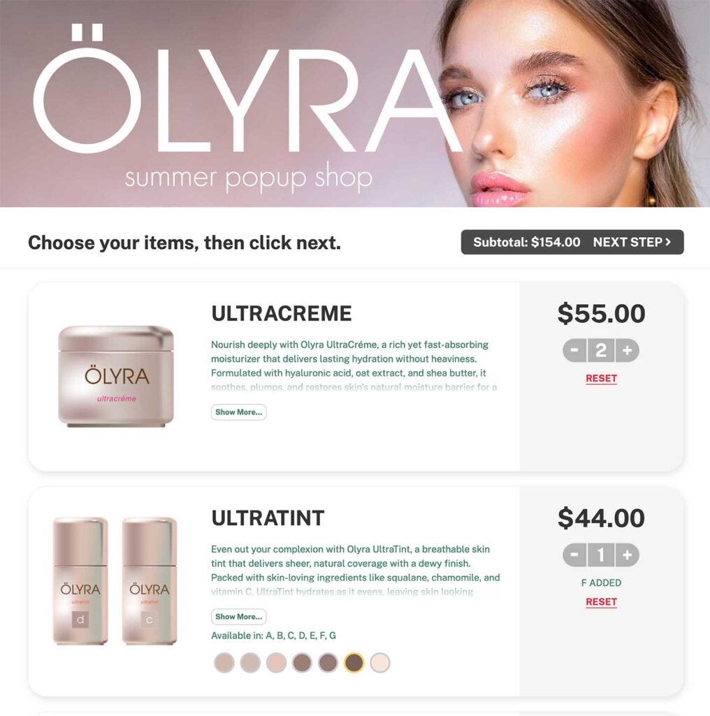 Olyra popup store screenshot