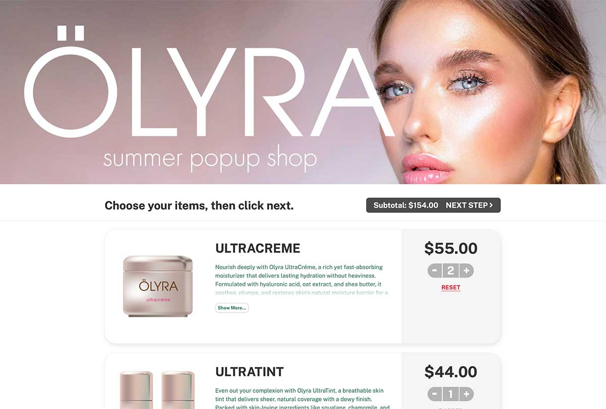 Olyra popup store homepage