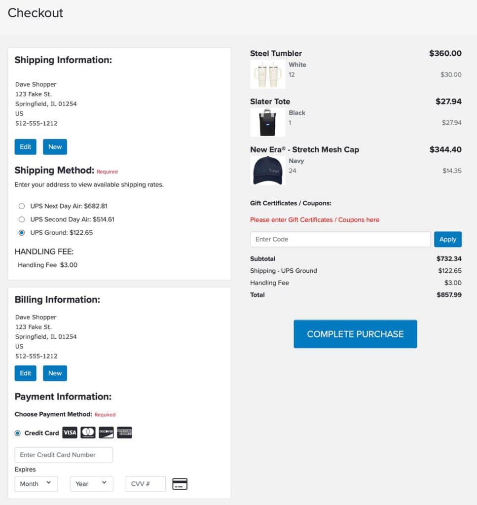One-page checkout screen in storeBlox CS company store